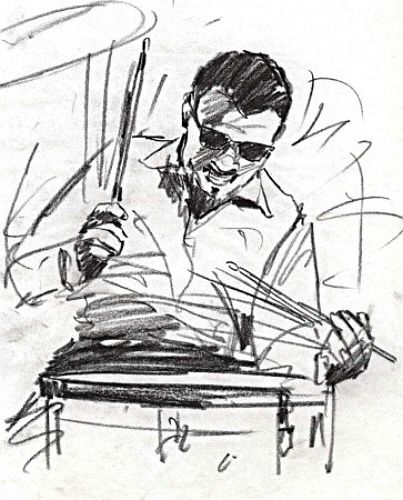 Black-and-white sketch of a drummer playing